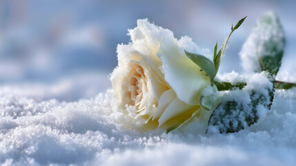 A beautiful white rose covered in winter snow, a frozen flower close-up with frosted petals, a cold nature beauty concept, a romantic floral background.