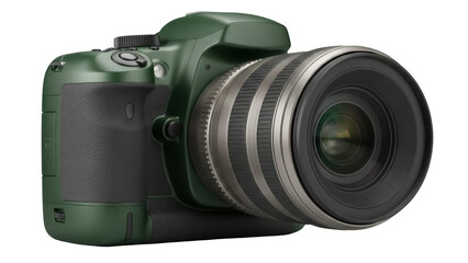 Fototapeta premium Isolated dark green camera lens. Object view, professional device for commercial photography.