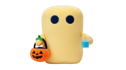 Isolated yellow blob with Halloween pumpkin basket and blue liquid glass ready for party