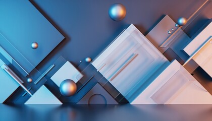 Abstract geometric composition featuring spheres with vibrant blue and orange hues and layered