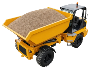 Isolated yellow site dumper carrying gravel aggregate cargo, modern construction equipment