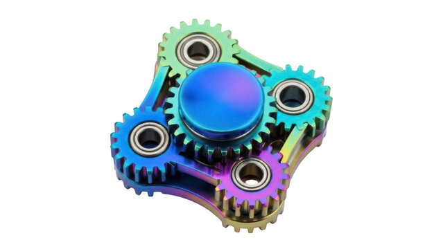 Isolated rainbow gear spinner, mechanical toy, hand fidget, colorful toy for focus aid, hobby