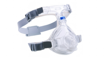 Cpap mask providing continuous positive airway pressure, a common treatment for sleep apnea, features adjustable headgear and a transparent design on a transparent background
