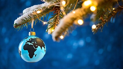 Christmas tree branch with earth globe ornament and lights