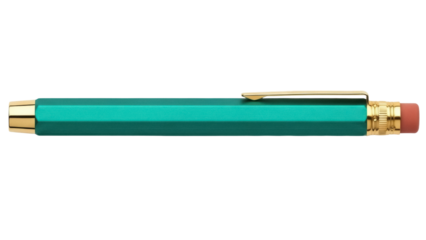 Isolated turquoise pencil with eraser, gold clip, and hexagonal shape for drawing art
