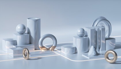 abstract minimalist geometric shapes and metallic rings on a sleek light background