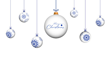 Christmas 3d white blue color vintage hanging balls set vector with transparent background. Merry christmas baubles to use for christmas card, greetings, xmas, winter holiday, new year projects. 