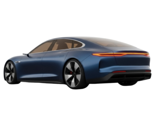 Isolated modern sedan in blue, an electric car with a futuristic design, aerodynamic shape