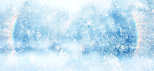 Winter abstract background with falling snow and a frame of light, sun glare, festive backdrop