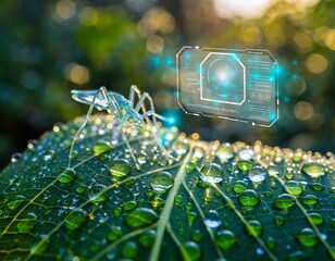 Sci-Fi Glass Mosquito Analyzed by Glowing Blue HUD Interface on Wet Morning Dew Leaf Macro Shot with Backlit Bokeh