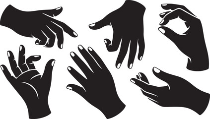 Obraz premium Hand Gestures Silhouette Set – Black Human Hands Showing Different Signs, Finger Signals and Palm Poses, Communication Gesture Vector Illustration