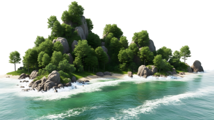Tropical island with trees and rocks on the shore isolated on a transparent background waves