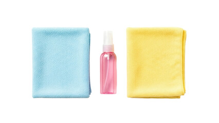 Isolated cleaning kit with spray bottle, light blue cloth, and yellow cloth for cleaning use