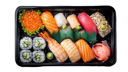 Gourmet Japanese sushi rolls with fresh salmon and raw fish served on a white plate with wasabi and rice for a healthy seafood dinner