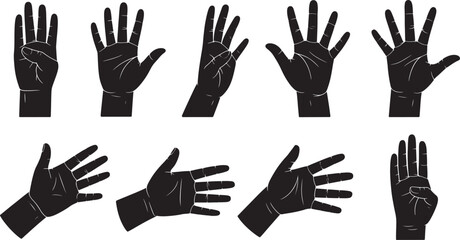 Obraz premium Hand Gestures Silhouette Set – Black Human Hands Showing Different Signs, Finger Signals and Palm Poses, Communication Gesture Vector Illustration
