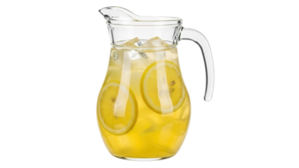 Isolated glass pitcher of refreshing lemonade, a cool summer drink with lemons and ice cubes