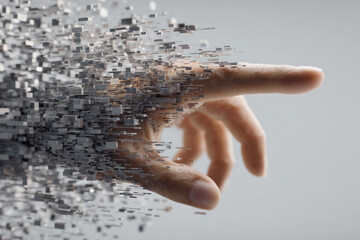 Hand reaching out with pixels disintegrating into digital fragments