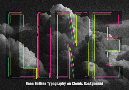 Neon Outline Typography on Clouds Background