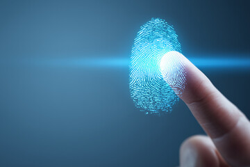 Finger scanning biometric identification with glowing blue fingerprint