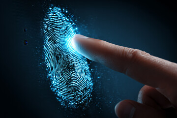 Finger scanning biometric identification with glowing blue fingerprint on screen