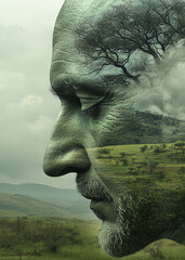 Surrealism, double exposition, man profile and nature woodland on natural landscape