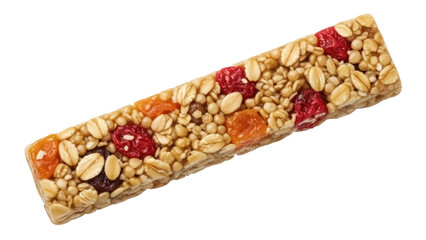 Isolated granola bar with dried fruit and nuts, a healthy snack for breakfast or any time