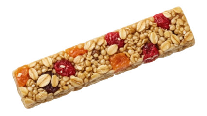 Isolated granola bar with dried fruit and nuts, a healthy snack for breakfast or any time