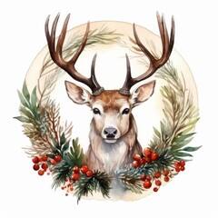 Watercolor Christmas Deer Portrait. Cute Adorable Woodland Animal for New year Card or Christmas Gift Decoration. Lovely Winter Holiday Mascot Face.	
