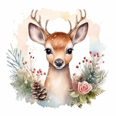 Watercolor Christmas Deer Portrait. Cute Adorable Woodland Animal for New year Card or Christmas Gift Decoration. Lovely Winter Holiday Mascot Face.	