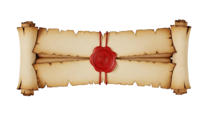 Isolated Old ancient scroll with wax seal, parchment paper for historical document