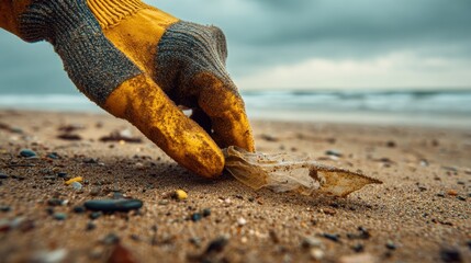 Environmental Consciousness: Hand in Gardening Glove Cleaning Plastic on Sandy Beach during Community Cleanup Event - Realism Style