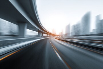 Motion blur emphasizes rapid travel on a highway passing under an elevated structure toward a bright metropolitan skyline.