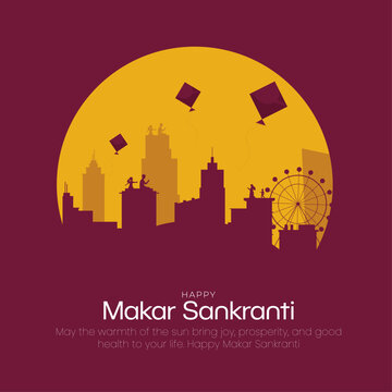 Happy Makar Sankranti Festival Illustration with City Skyline and Kites, vector illustration.