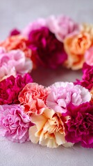 Fototapeta premium A vibrant floral wreath composed of assorted pink and orange carnations, perfect for enhancing any occasion or celebration, highlighting nature's beauty and elegance.