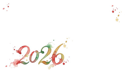 Watercolor lettering 2026 with colorful splashes on a white background, a minimalist template for New Year greetings card.