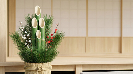A traditional Japanese New Year Kadomatsu arrangement of bamboo and pine. For holiday advertising and corporate branding.
