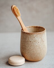 Eco-Friendly Dental Care: Biodegradable Bamboo Toothbrush with Frayed Bristles and Plastic-Free Solid Toothpaste Tablet in Sustainable Bathroom Setting