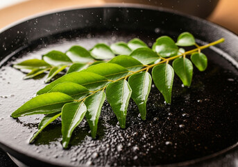 Close-up of fresh green curry leaves on a hot non-stick pan with oil, ready for cooking. Aromatics for Indian and Southeast Asian cuisine.