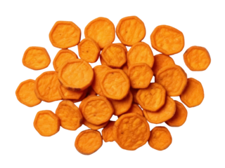 Isolated snack of sweet potato chips appetizer stack with ridges for party plate food stock