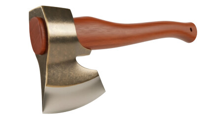 Isolated shiny axe with wooden handle featuring a sharp edge on a plain background