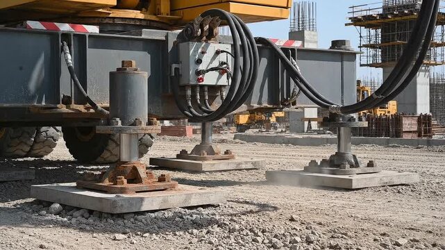 Crane outriggers stabilize the vehicle. The outriggers are square with a dark hydraulic lift, and the ground is gravel and sand.