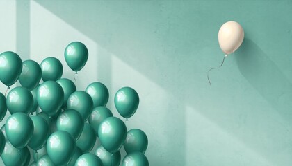 Cluster of teal balloons indoors with one floating white balloon creating a lively and cheerful