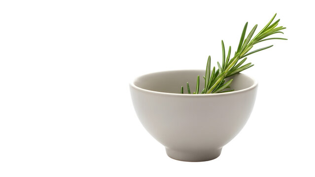 White ceramic bowl with rosemary sprig inside isolated on a transparent background green herb kitchenware