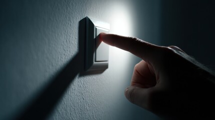 Saving Energy: Person Turning Off Light Switch in Shadowy Room - Close-up Energy Conservation Concept