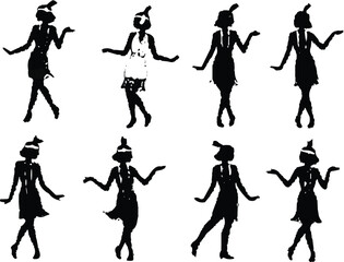 Vintage flapper woman silhouettes in 1920s dance poses with retro accessories, elegant gestures, and art deco fashion for design themes.