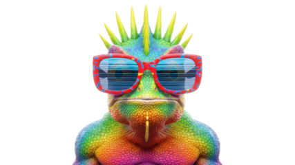 Vibrant Rainbow Chameleon Character Wearing Red Sunglasses Isolated 3D Render