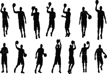Basketball player silhouette, dynamic poses, dribbling, shooting, passing, sports motion, athletic movement, black figure, action, isolated, vector illustration © Santo's World