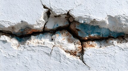 Fototapeta premium Close-up detail of a significant crack in a white concrete wall showing structural damage and the texture of peeling paint and cement.