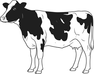 Black and white cow, dairy animal, Holstein breed, farm livestock, milk production, side profile, vector illustration, agriculture concept, udder visible
