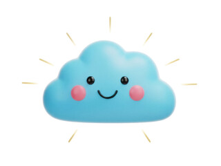 Isolated Smiling Cloud Cute Character with Pink Cheeks and Rays of Light Around it